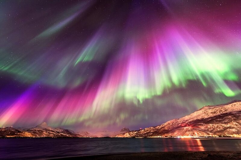 Aurora Borealis over Mountains — Purple, Dramatic, Night