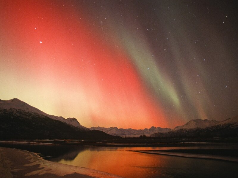 Aurora Borealis over Mountains — Red, Dramatic, Night, Photograph