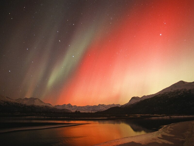 Aurora Borealis over Mountains — Red, Dramatic