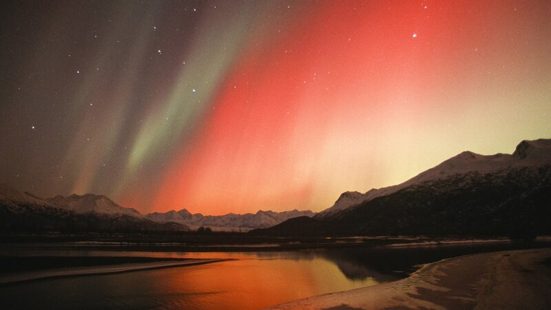 Aurora Borealis over Mountains — Red
