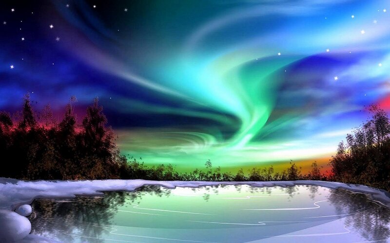 Aurora Borealis over Pond — Green, Serene