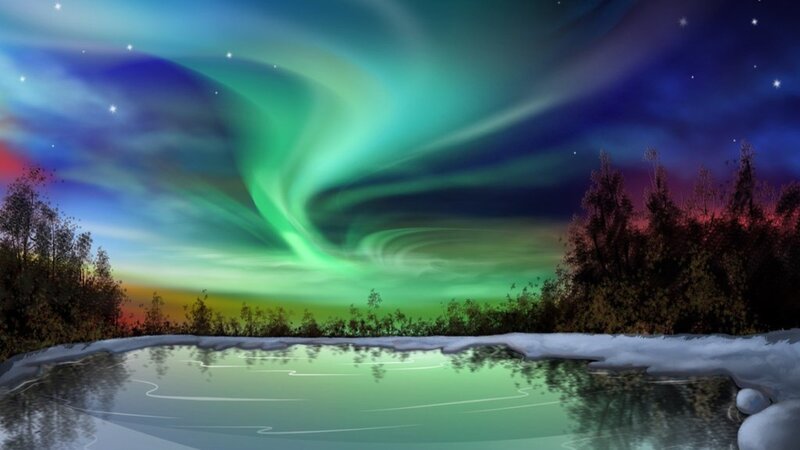 Aurora Borealis over Pond