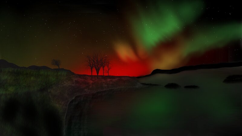 Aurora Borealis over River — Green, Dramatic, Night, Digital Art
