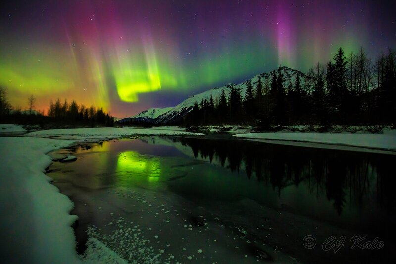 Aurora Borealis over River — Green, Dramatic, Night, Photograph, Mountains