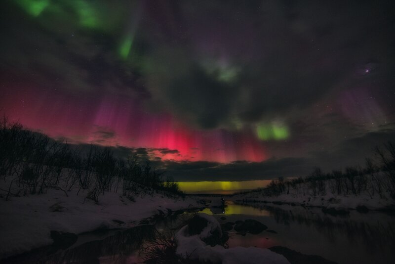 Aurora Borealis over River — Green, Dramatic, Night, Photograph, Snow