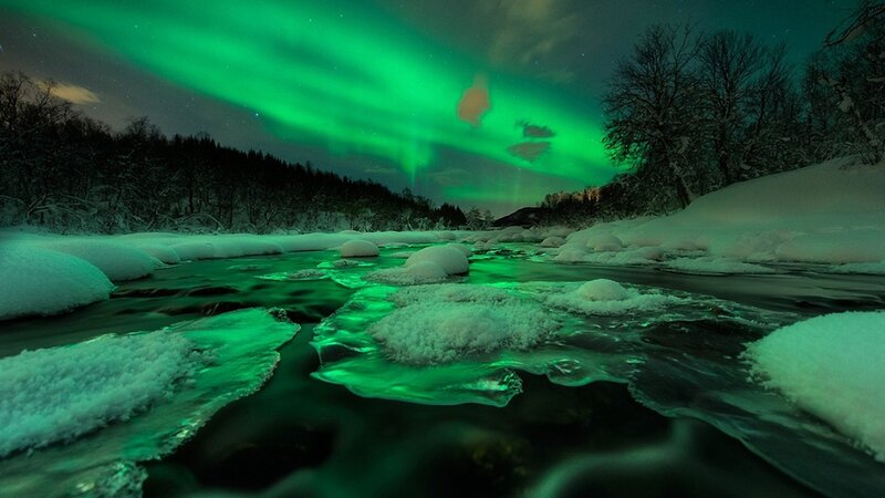 Aurora Borealis over River — Green, Dramatic, Night, Photograph