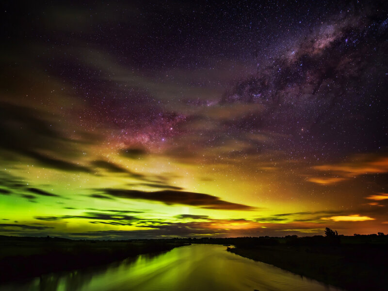 Aurora Borealis over River — Green, Dramatic