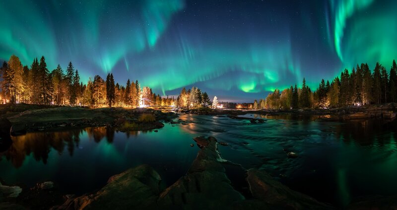 Aurora Borealis over River — Green, Serene, Night, Photograph, Forest