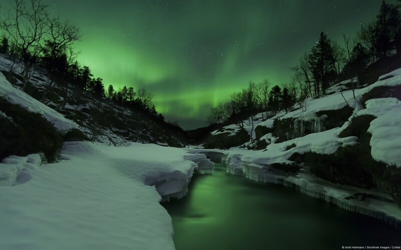Aurora Borealis over River — Green, Serene, Night, Photograph, Snow, Trees, Stars