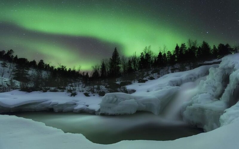 Aurora Borealis over River — Green, Serene, Night, Photograph, Snow, Trees