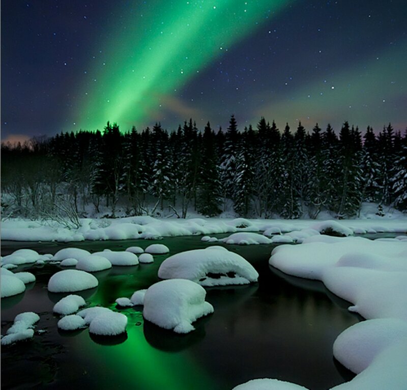 Aurora Borealis over River — Green, Serene, Night