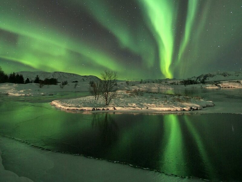 Aurora Borealis over River — Green, Serene