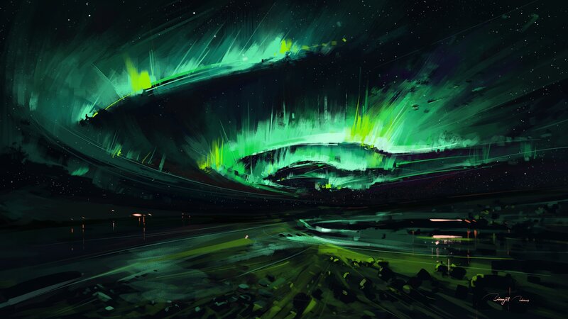 Aurora Borealis over Road — Green, Dramatic