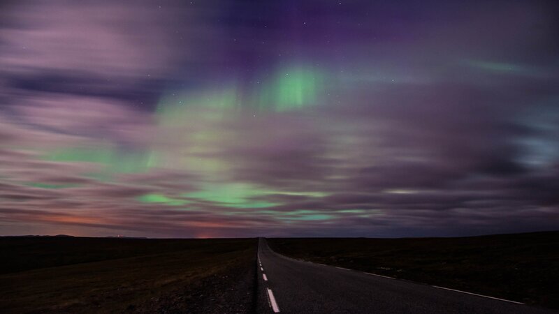 Aurora Borealis over Road — Green, Serene