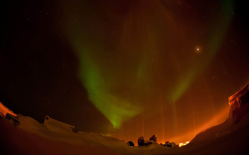 Aurora Borealis over Snow — Green, Dramatic, Night, Photograph, Stars