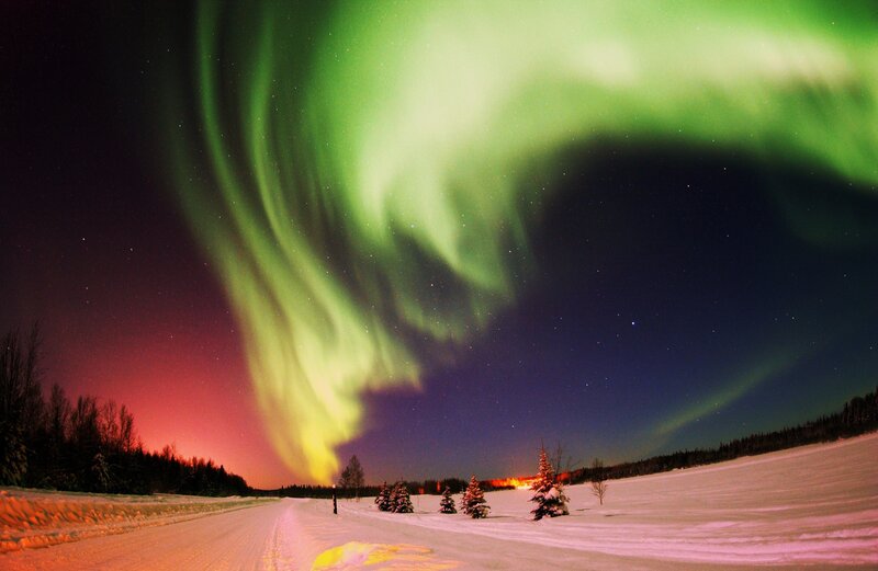Aurora Borealis over Snow — Green, Dramatic, Night, Photograph