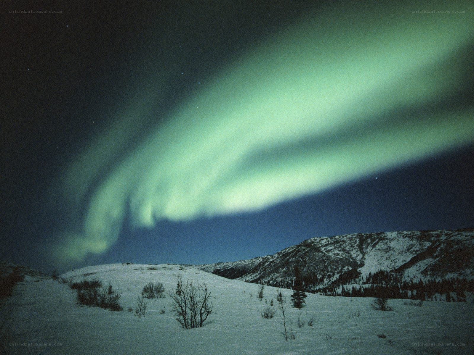 Aurora borealis over snowy hills