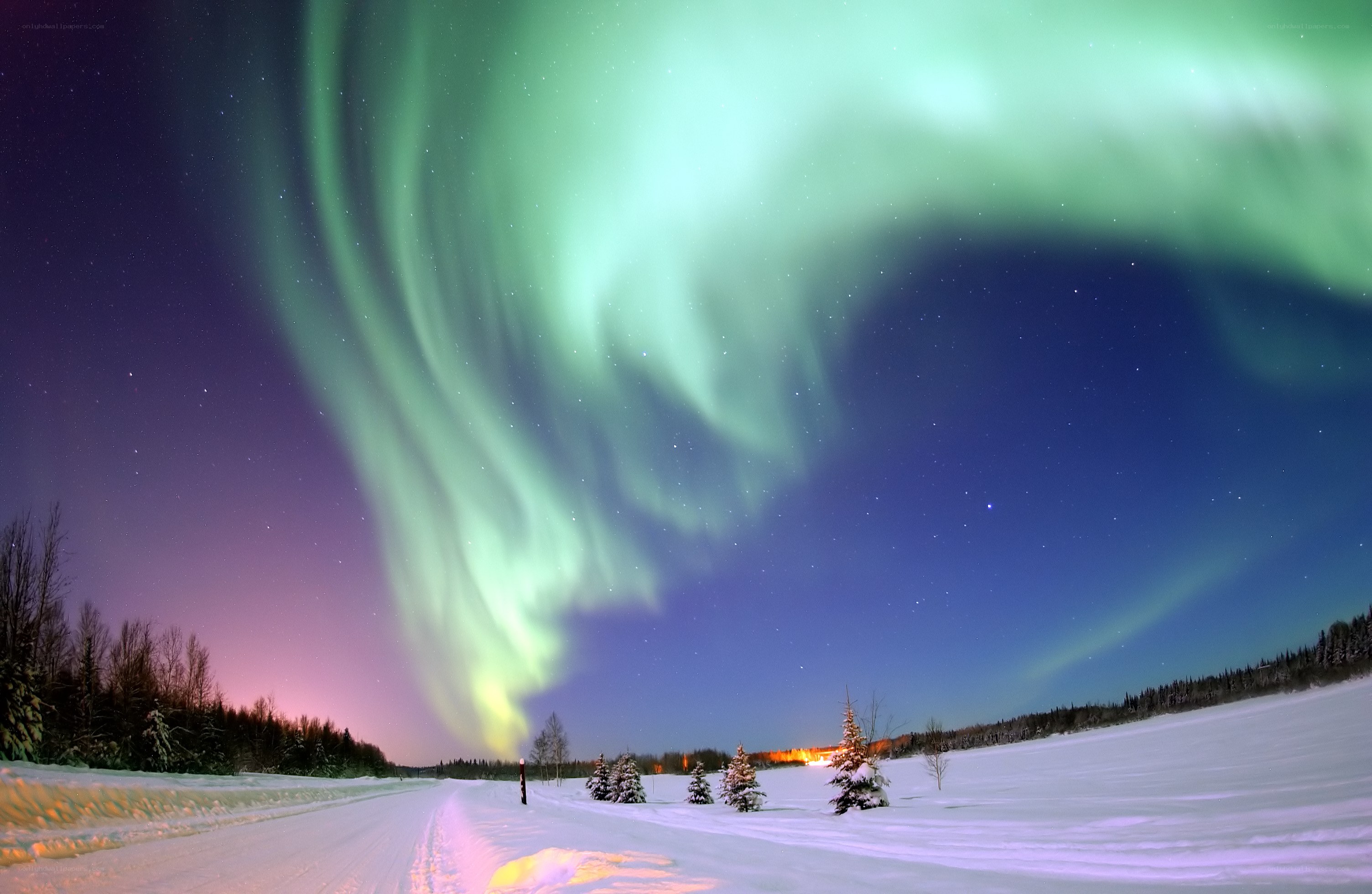 Aurora borealis over snowy landscape