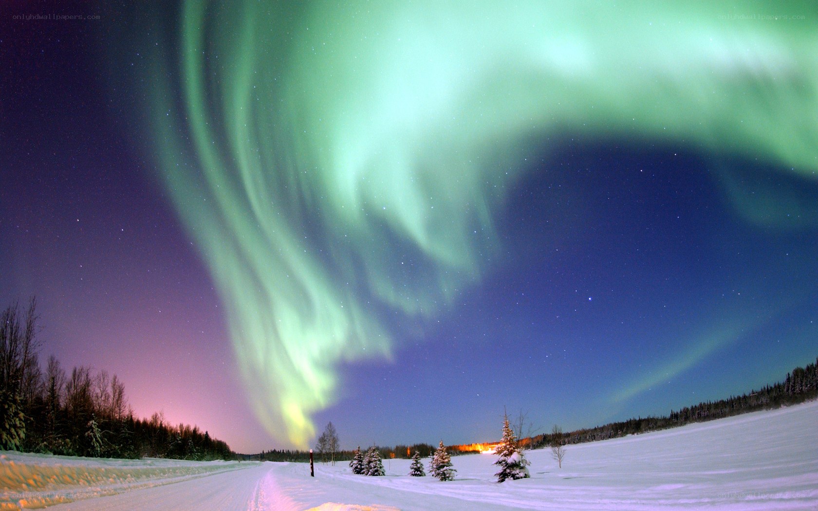 Aurora borealis over snowy landscape