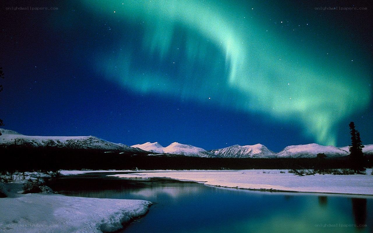Aurora borealis over snowy mountains