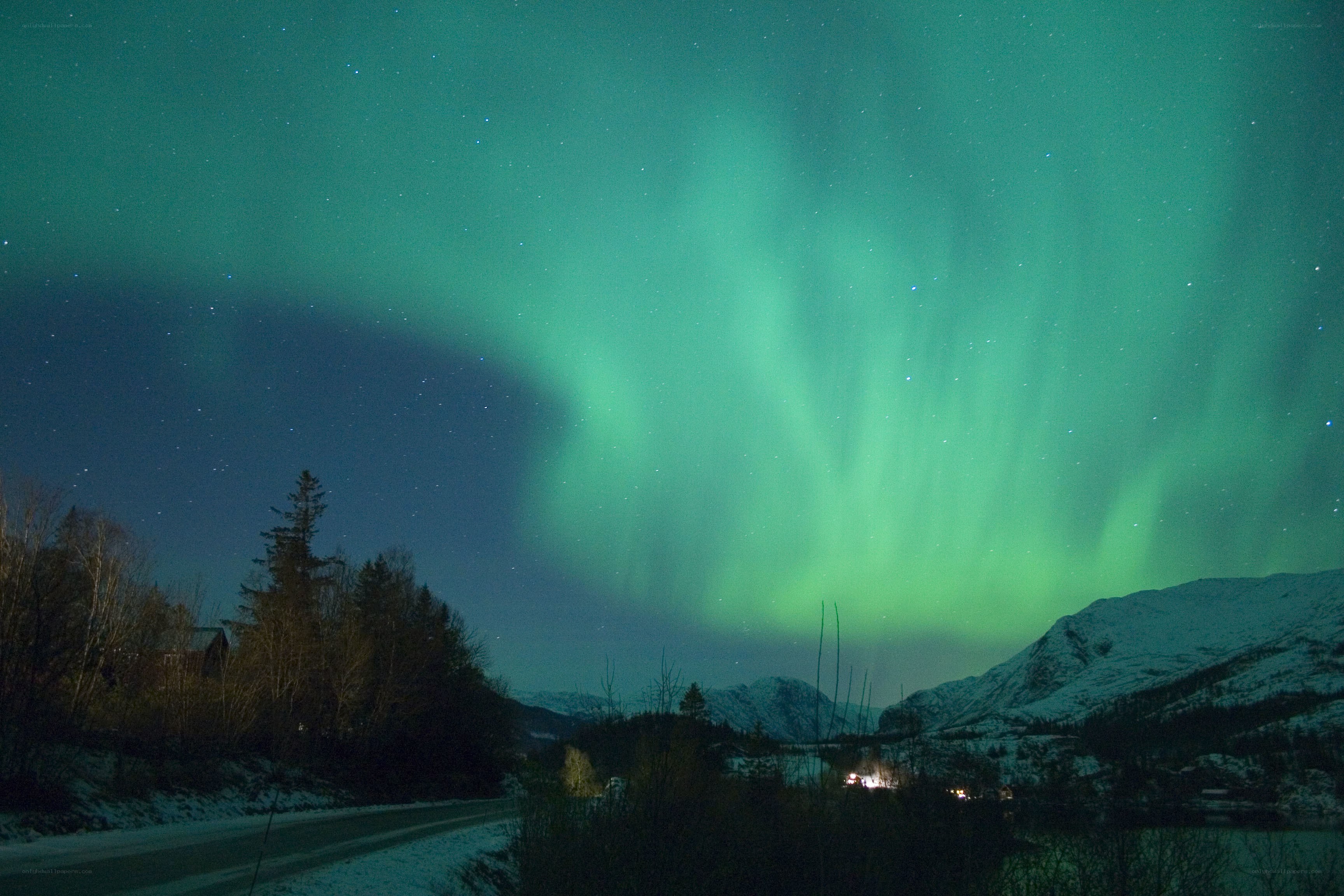Aurora borealis over snowy mountains