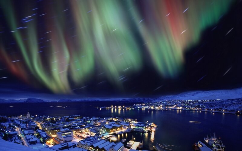Aurora Borealis over Town — Green, Dramatic, Night