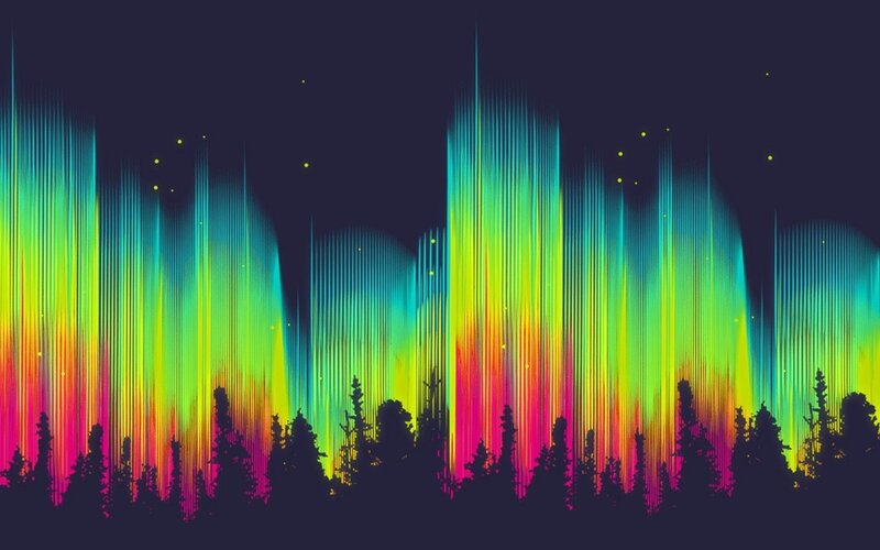 Aurora Borealis over Trees — Green, Dramatic, Night, Digital Art, Stars