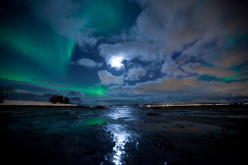 Aurora Borealis over Water — Green, Dramatic, Night, Photograph, Moon