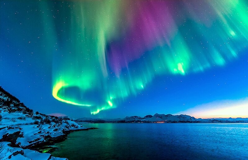 Aurora Borealis over Water — Green, Dramatic, Night, Photograph, Snow