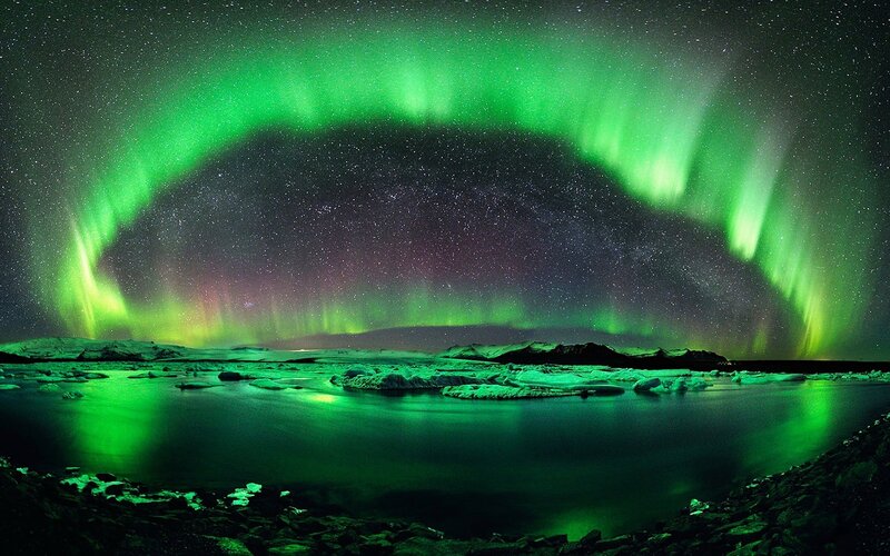 Aurora Borealis over Water — Green, Dramatic, Night, Photograph, Stars, Icebergs, Mountains