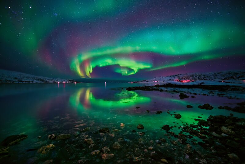 Aurora Borealis over Water — Green, Dramatic, Night, Photograph, Stars, Mountains