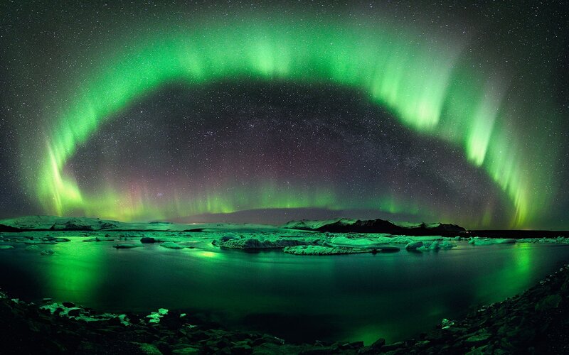 Aurora Borealis over Water — Green, Dramatic, Night, Photograph