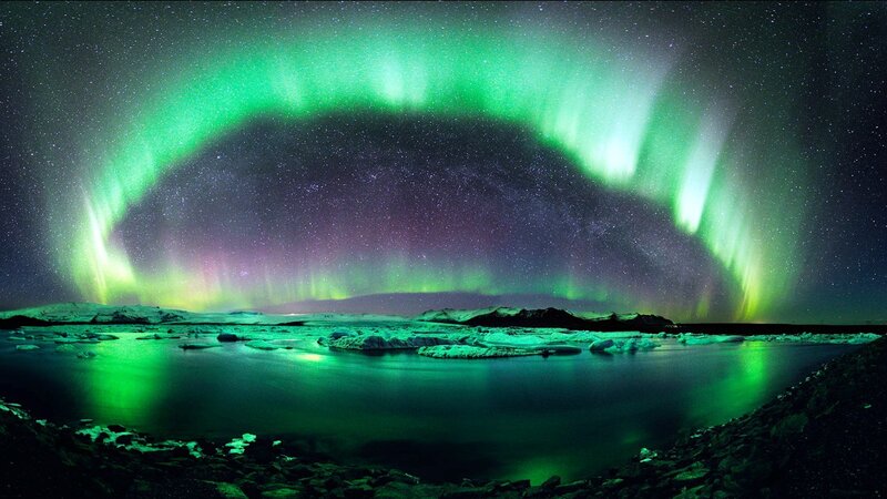 Aurora Borealis over Water — Green, Dramatic, Night