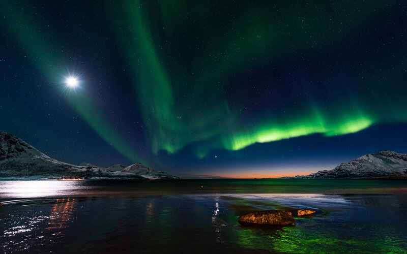 Aurora Borealis over Water — Green, Serene, Night, Photograph, Mountains, Moon