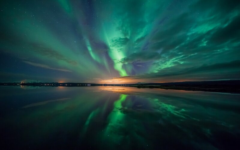 Aurora Borealis over Water — Green, Serene, Night, Photograph, Night Sky