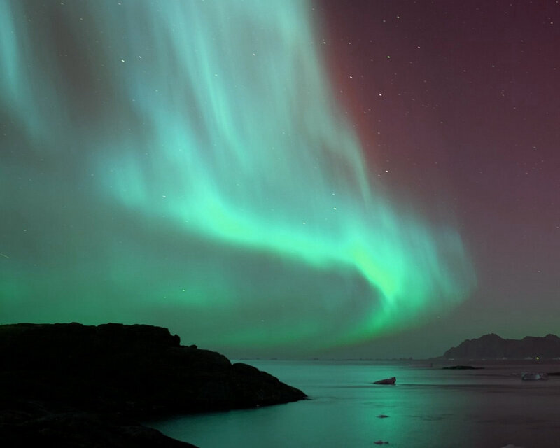 Aurora Borealis over Water — Green, Serene, Night, Photograph, Sky, Rocks
