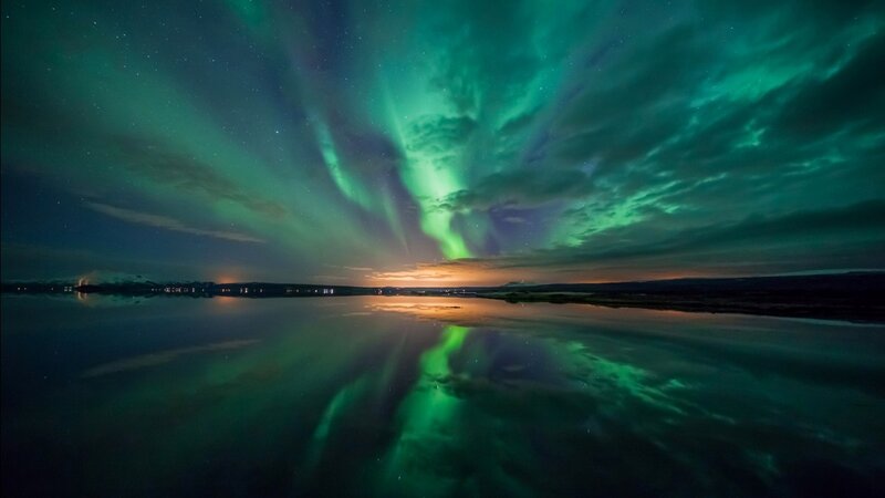 Aurora Borealis over Water — Green, Serene, Night, Photograph, Sky