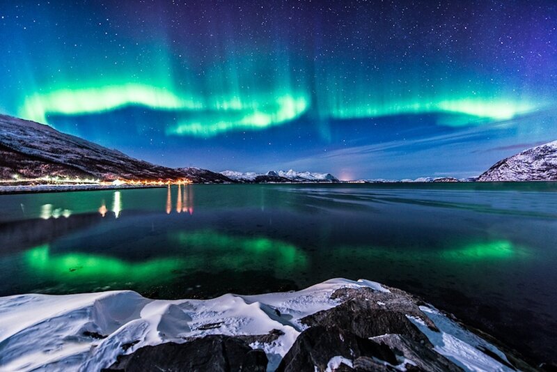 Aurora Borealis over Water — Green, Serene, Night