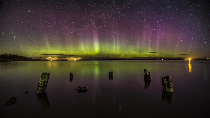 Aurora Borealis over Water — Purple, Serene, Night