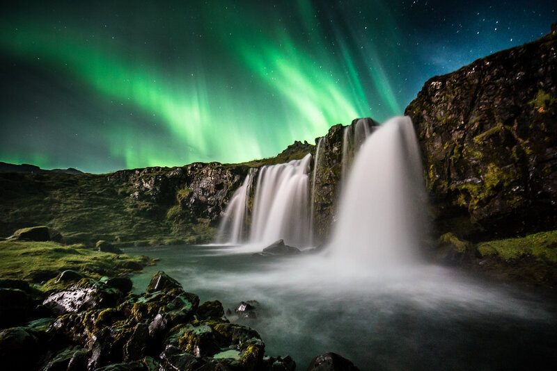 Aurora Borealis over Waterfall — Green