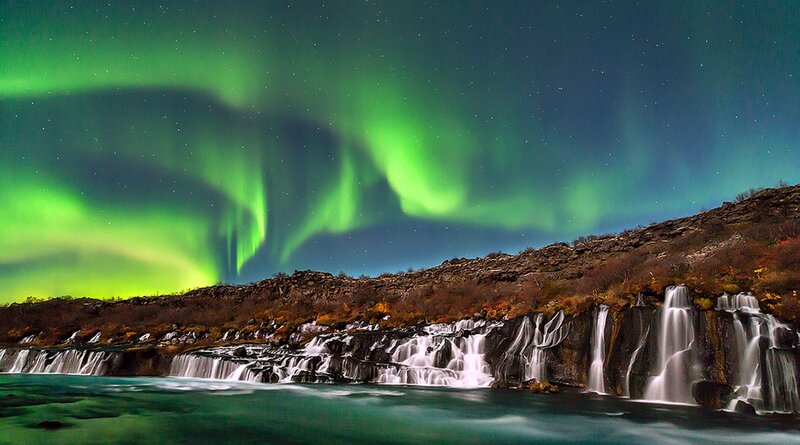 Aurora Borealis over Waterfall