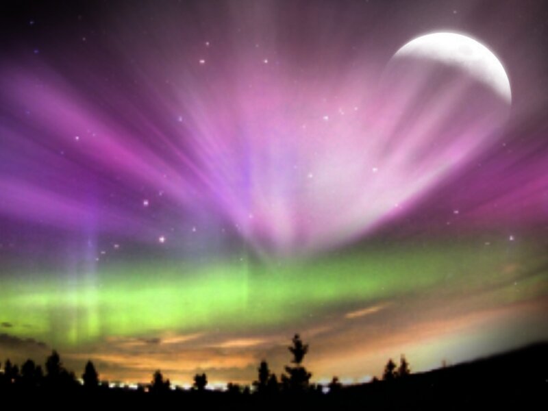 Aurora borealis with moon