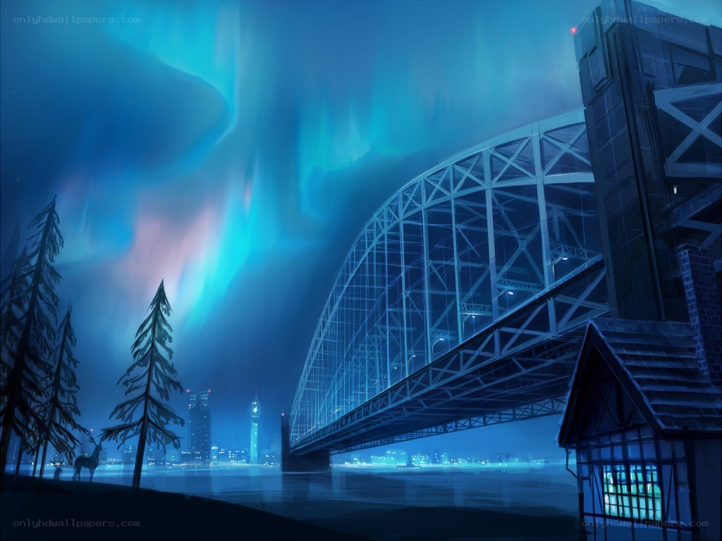 Aurora over a city bridge