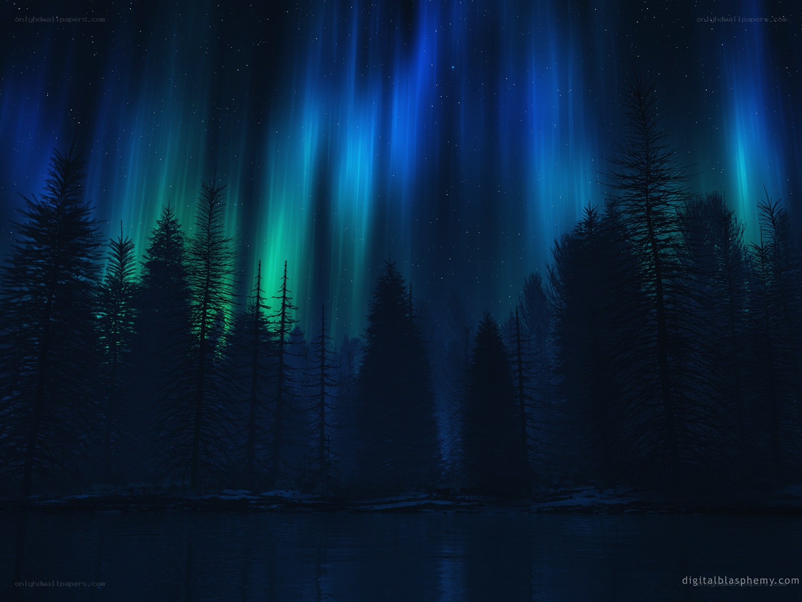 Aurora over a forest lake