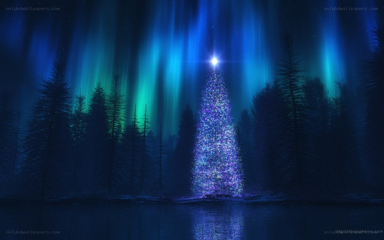 Aurora over a glowing Christmas tree