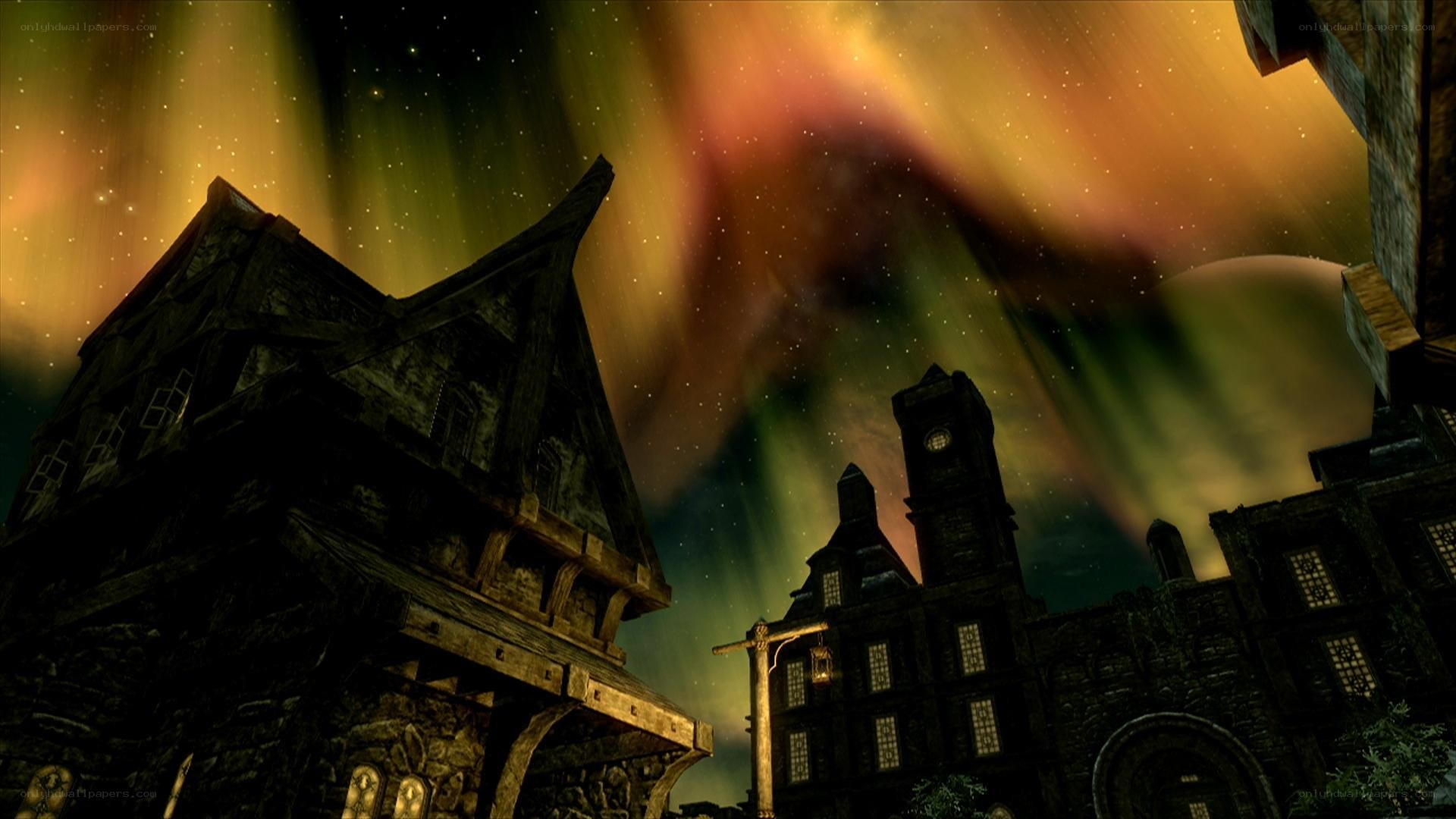 Aurora over a medieval town