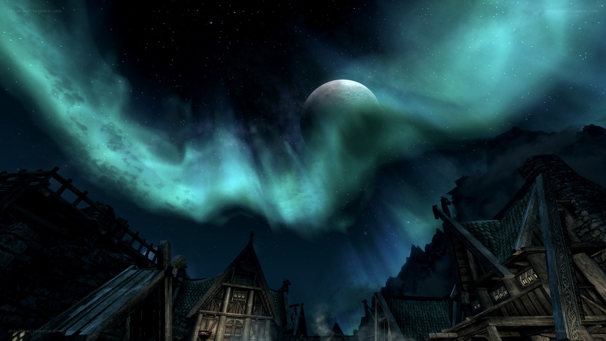 Aurora over a medieval village
