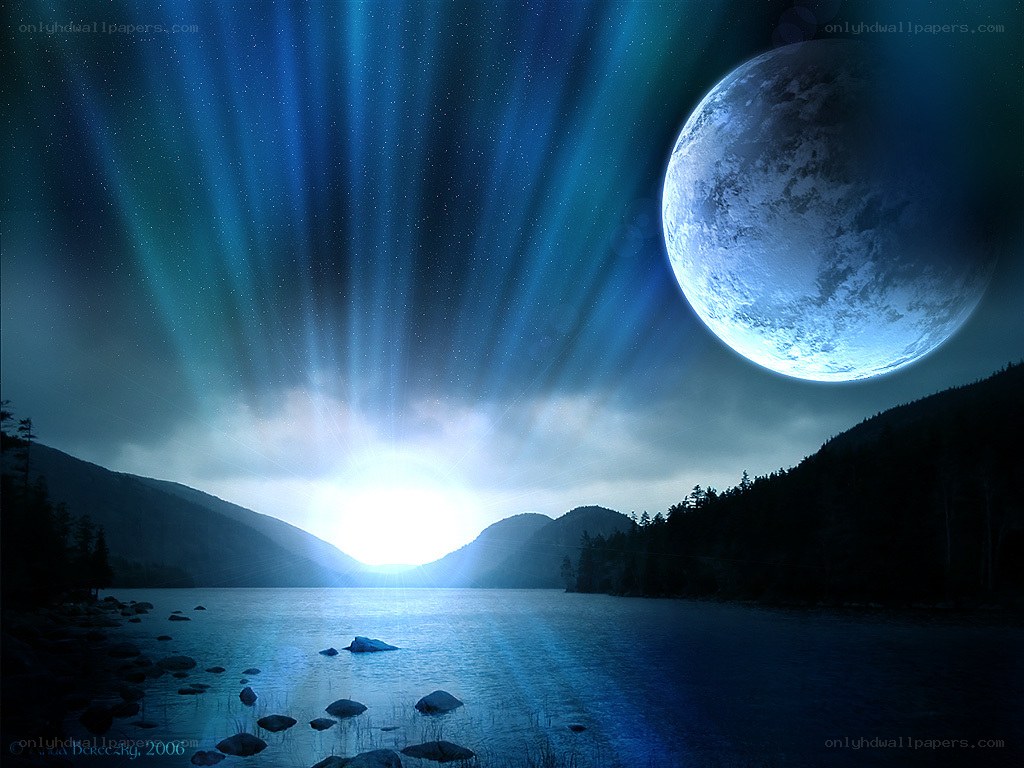 Aurora over a moonlit lake