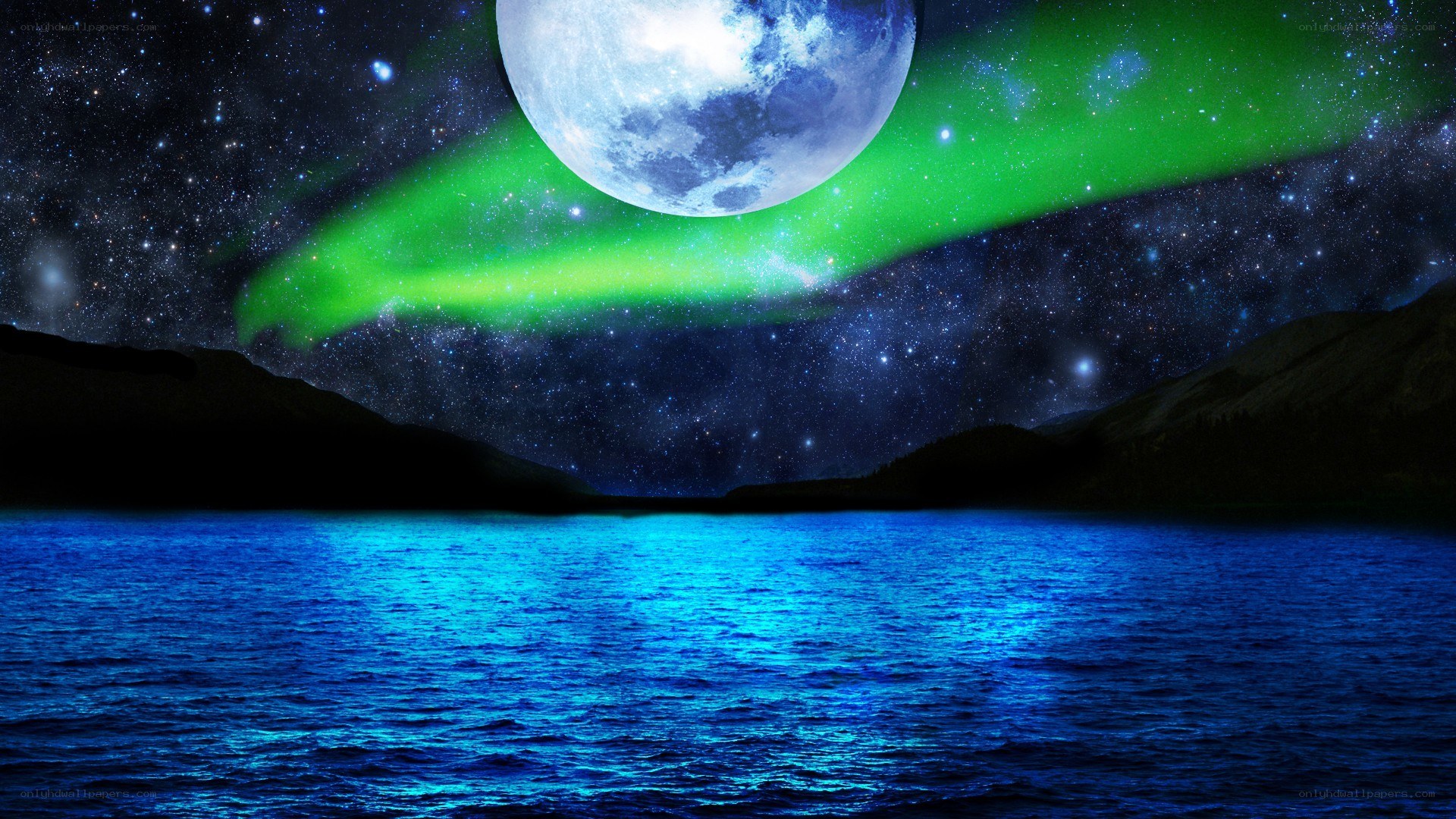 Aurora over a moonlit lake