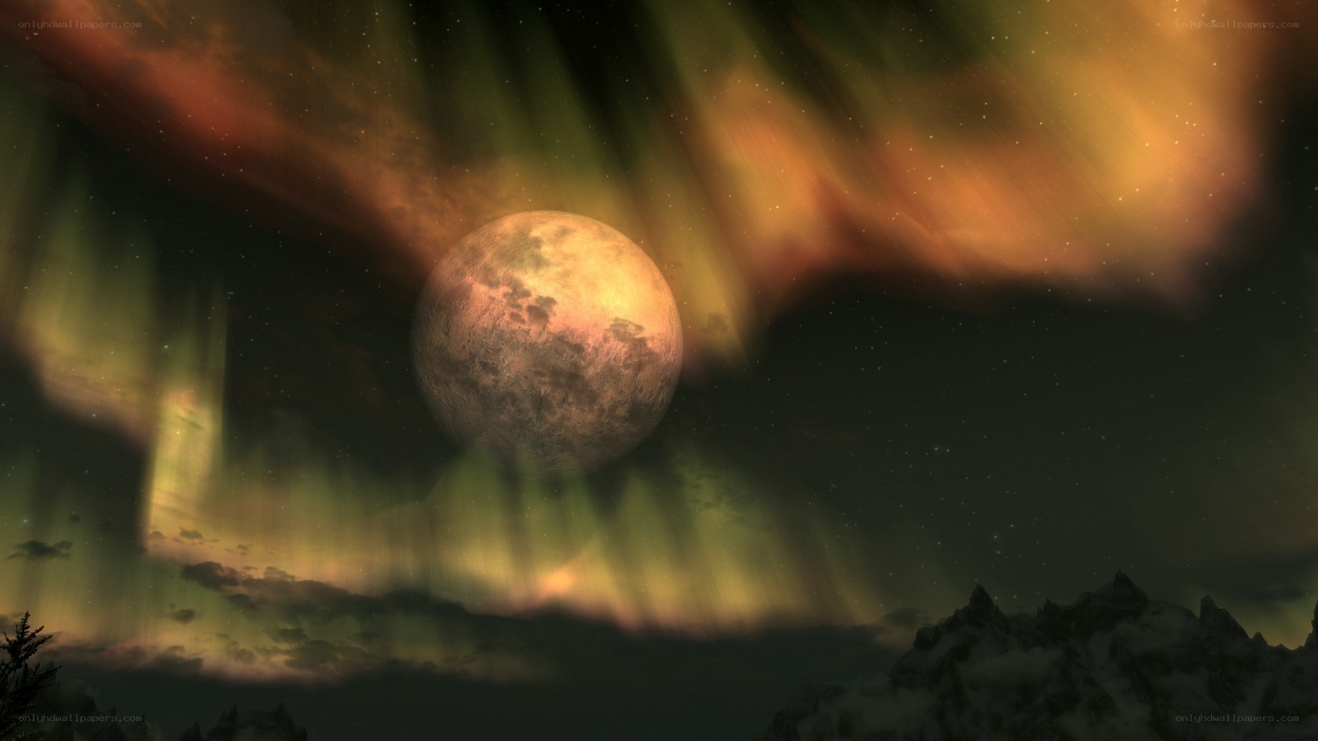 aurora over a moonlit landscape
